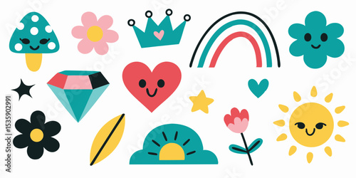 Cute kawaii sticker set with rainbow heart sun crown diamond flower mushroom cloud and star vector illustration