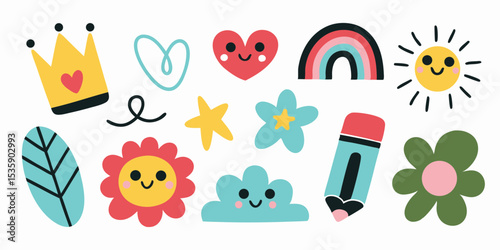 Cute doodle elements vector illustration with flower sun heart rainbow crown star cloud pencil leaf design