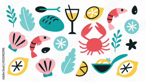 Seafood feast illustration with crab shrimp lemon and cocktail for restaurant menu and summer party design vector