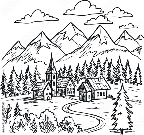 Mountain village landscape with pine trees and winding road black and white sketch vector illustration 
