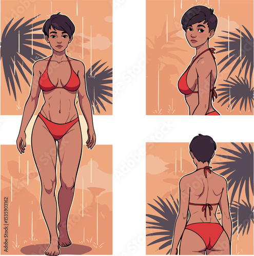 Woman with short hair wearing red bikini front side and back views vector illustration 