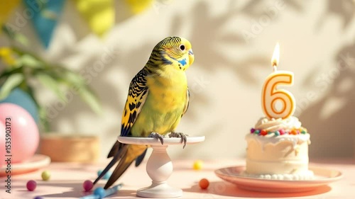 Yellow budgie sitting on birthday cake with number candle, looking at camera. Bird birthday or child’s party concept. pet store, animal-themed events, kids blog concept