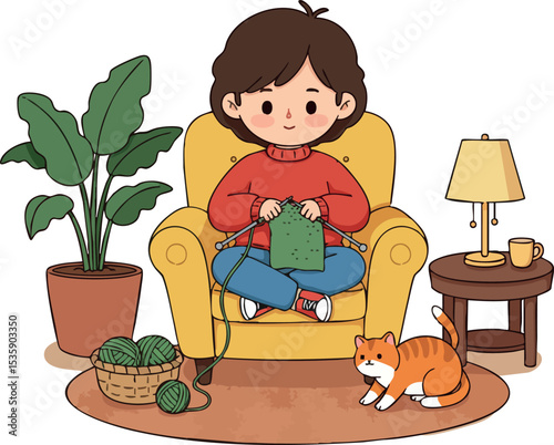 Boy Knitting Sweater in Cozy Living Room with Cat and Indoor Plant Vector Illustration 