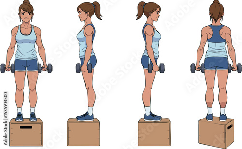 Woman performing step-up exercise with dumbbells in fitness workout routine vector illustration 