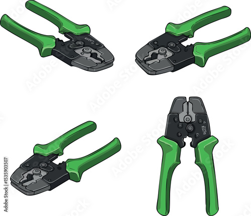 Wire Stripper Tool with Green Handles Multiple Angles Vector Illustration for Electrical Work 