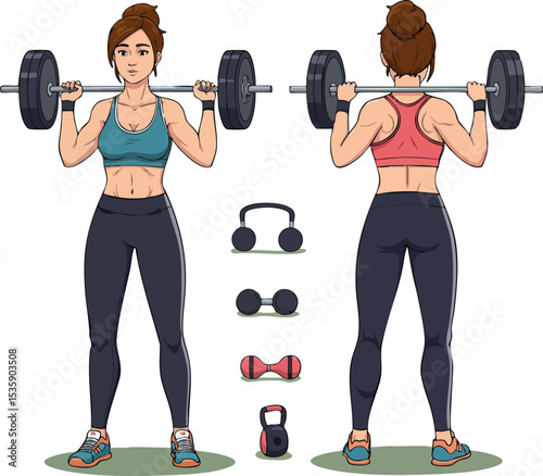 Woman performing barbell squat exercise with gym equipment fitness workout illustration 