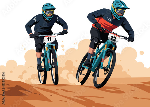 Mountain biking race competition with two riders in blue helmets and dirt trail 