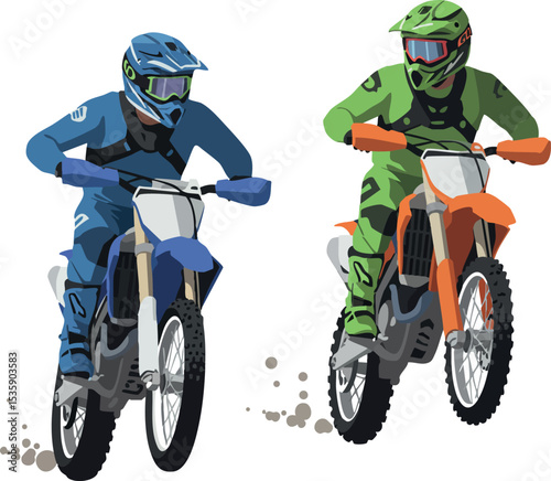 Two motocross riders in blue and green gear racing dirt bikes on white background vector illustration 