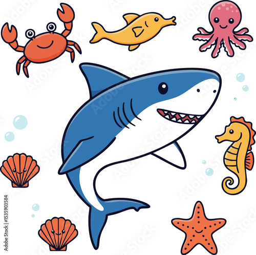 Cartoon shark and diverse sea animals including crab octopus seahorse starfish shell vector illustration 