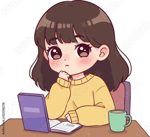 Young girl studying with book and tablet at table in yellow sweater vector illustration 