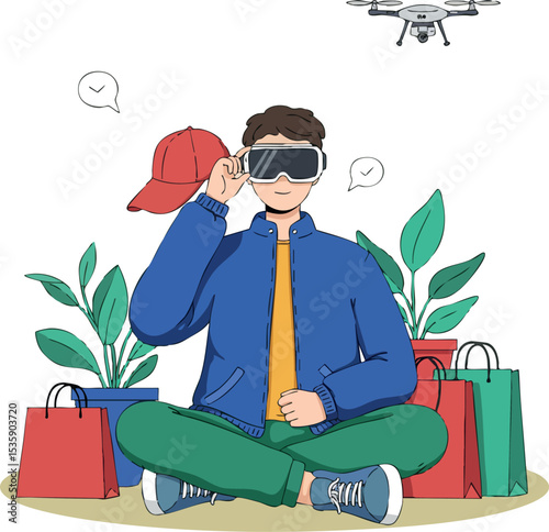Man wearing virtual reality goggles controlling drone with shopping bags and plants vector illustration 