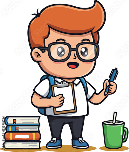 Red haired student boy holding clipboard and pen with books and cup vector illustration 