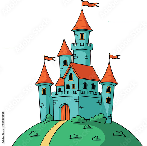 Fantasy castle with red roofs and flags on green hill illustration vector 
