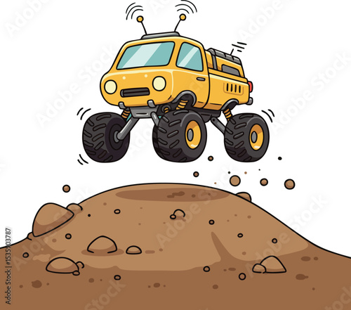 Yellow monster truck jumping over dirt hill vector illustration with cartoon style and off-road vehicle design 