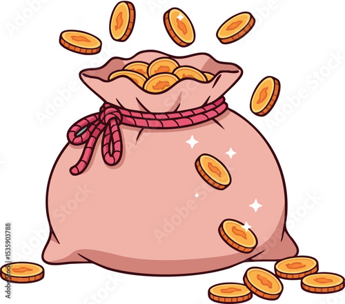 Money bag with falling gold coins vector illustration for wealth and finance concept 