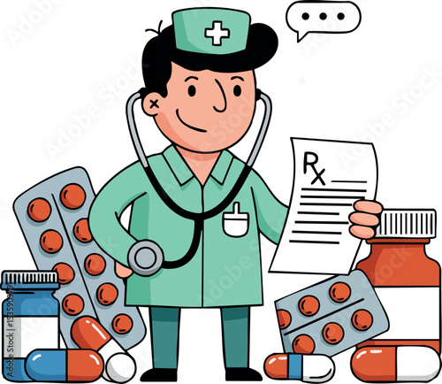 Male nurse holding prescription with medical pills and bottles vector illustration 