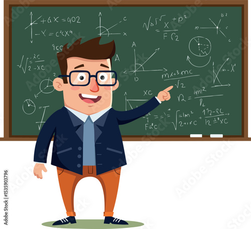 Male Teacher Explaining Math Formulas on Green Chalkboard in Classroom Vector Illustration 
