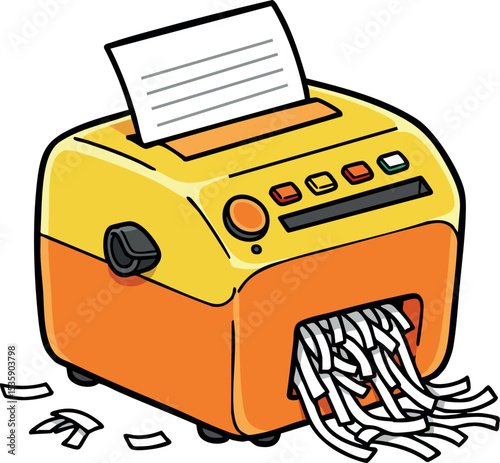 Paper shredder machine with yellow and orange body destroying documents vector illustration 