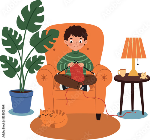 Child knitting yarn in cozy armchair with orange lamp and cat vector illustration 