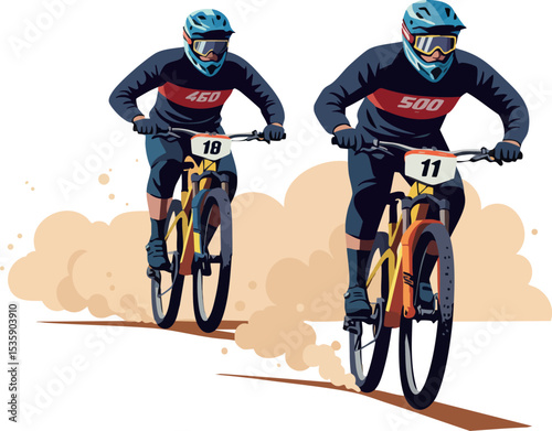 Two mountain bikers racing on dusty trail with helmets and gear vector illustration 
