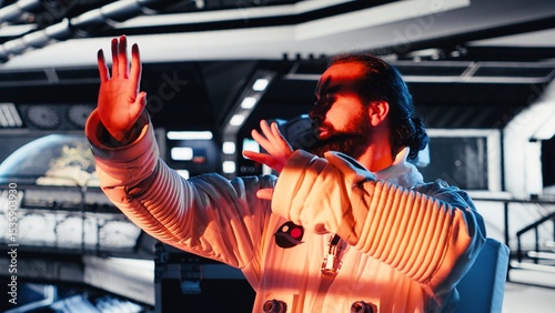 Starship cockpit glowing as cosmonaut watches unknown alien vessel approach from deep space. Man reacts to unidentified extraterrestrial presence hovering near orbital station