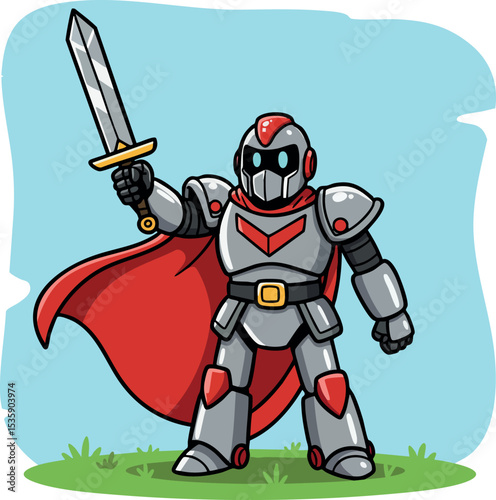 Robot warrior with red cape and sword standing on grass vector illustration 