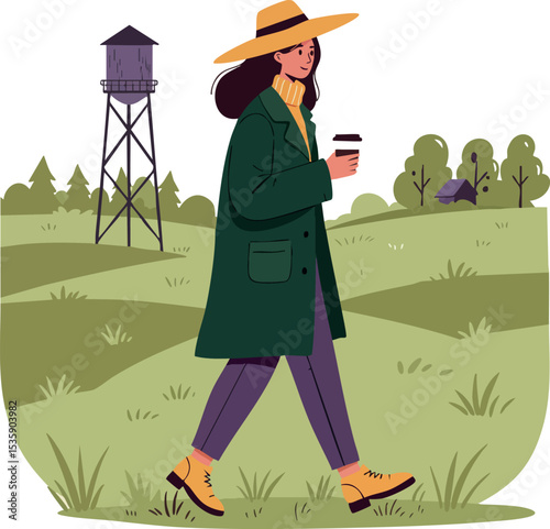 Woman walking with coffee cup in green coat and yellow hat in countryside vector illustration 