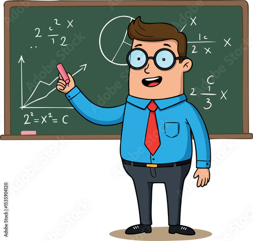 Male teacher explaining math formulas on blackboard in classroom vector illustration 