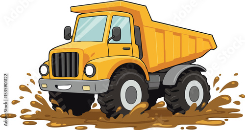 Yellow Dump Truck Splashing Mud Vector Illustration Construction Vehicle Design 
