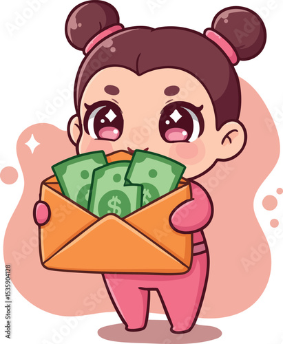 Cute cartoon girl holding envelope with money cash bills vector illustration 
