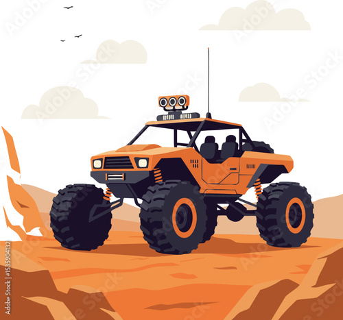 Orange off-road monster truck vehicle with large wheels on rocky terrain vector illustration 