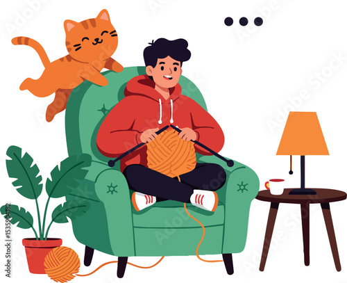 Man knitting orange yarn on green armchair with playful cat and indoor plant vector illustration 