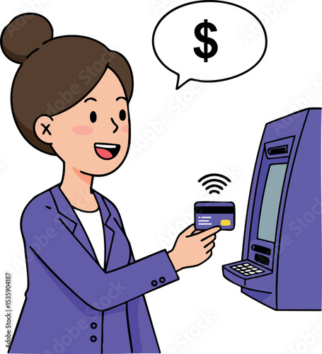 Woman using contactless payment card at purple ATM machine for financial transaction vector illustration 