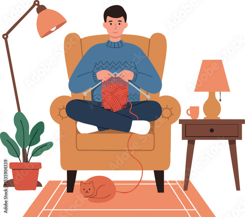 Man Knitting Sweater Relaxing in Cozy Living Room with Cat and Warm Lighting Vector Illustration 