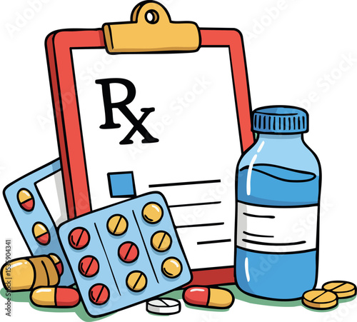 Prescription clipboard with medicine bottles and pills illustration vector artwork 