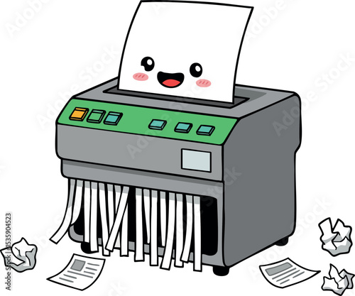 Cute paper shredder machine with smiling face and shredded paper vector illustration 