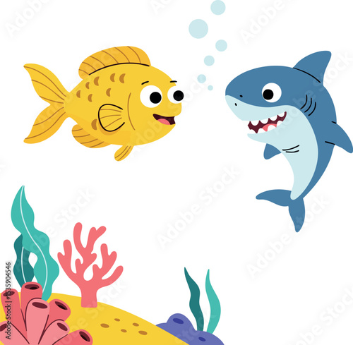 Cute yellow fish and blue shark underwater with colorful coral reef vector illustration 