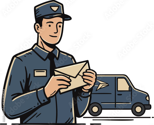 Mail carrier delivering letters with postal van in background vector illustration 
