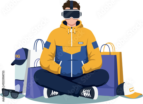 Young man with virtual reality headset shopping bags and casual urban clothing vector illustration 