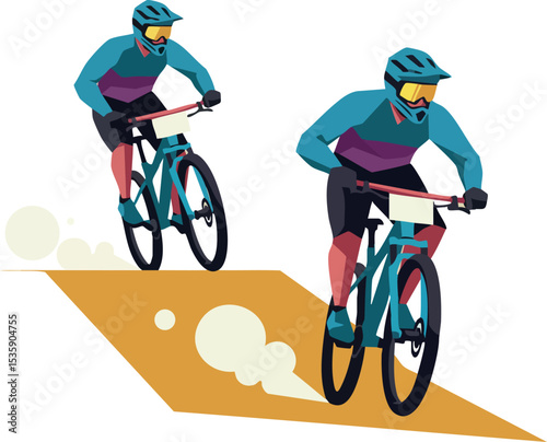 Mountain Bikers Racing on Dirt Trail Vector Illustration in Action Scene 