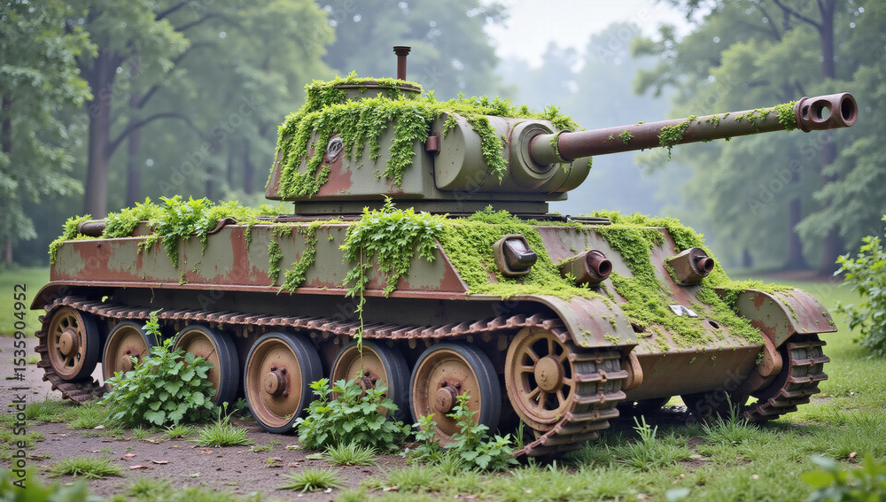 Fototapeta premium Abandoned Rusty Military Tank Overtaken by Nature, Post-War Decay, Overgrown Battlefield, Symbol of Peace and Renewal
