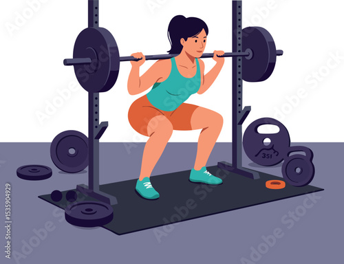 Woman weightlifting with barbell in gym workout fitness training vector illustration 