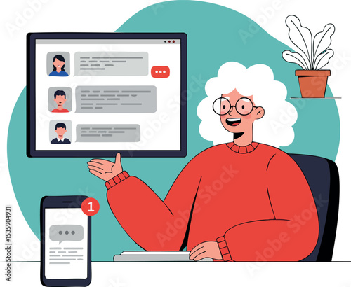 Elderly woman video chatting with family on computer and phone in cozy room vector illustration 