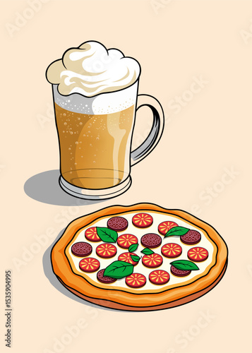 Vector illustration with beer mug with pizza. Beer with pizza. Food.