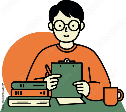 Student studying with books clipboard and coffee cup in minimalist style vector illustration 
