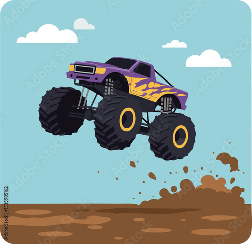 Monster truck jumping over muddy terrain with large tires and flame decals vector illustration 