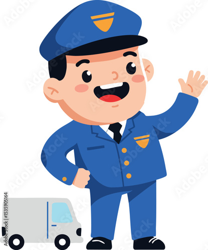 Cartoon mailman waving hand with blue uniform and delivery truck vector illustration 