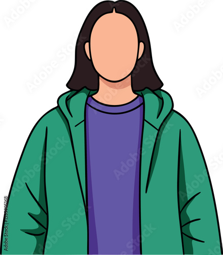 Faceless young person wearing green jacket and purple shirt front view vector illustration 