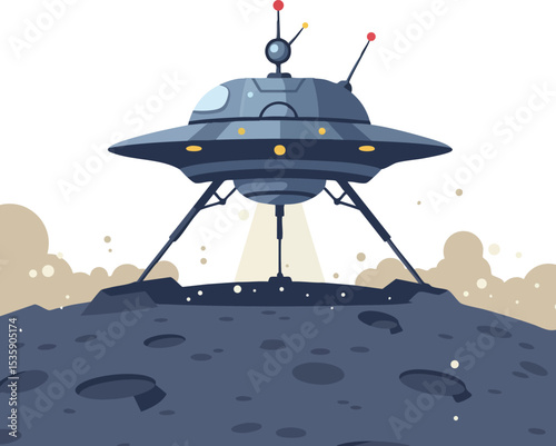 Space probe landing on rocky moon surface with antennas and lights vector illustration 