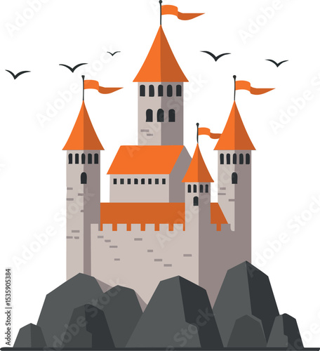 Medieval castle with orange roofs and flags on rocky hill vector illustration 